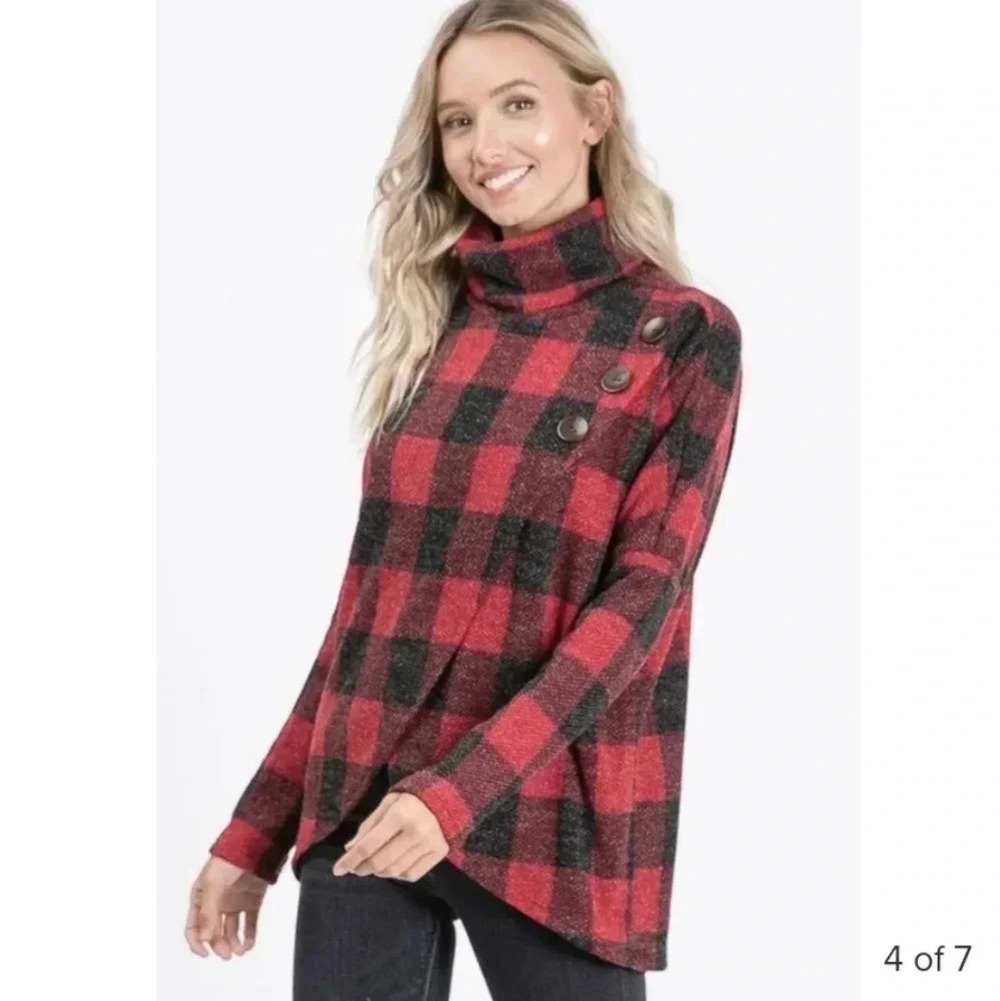 Plaid Sweater Top Turtle Neck Knit Top with Button Details